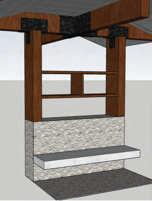 3D rendering of a wooden shelving unit with a herringbone tile backsplash and metal brackets supporting a beam structure. Dining and Living Room Renovation in Austin, TX.