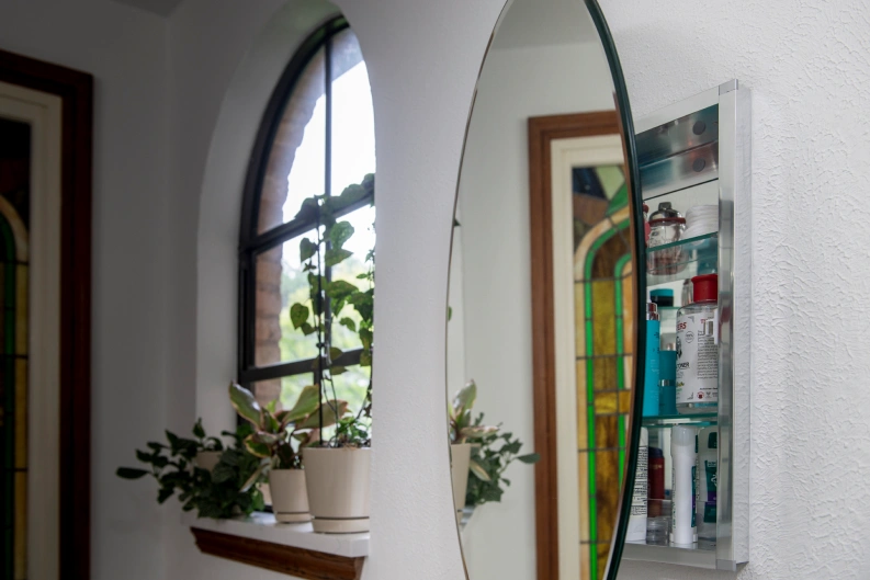 Bathroom mirror detail. Bathroom renovation project in Buda, TX.