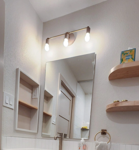 Bathroom mirror and shelves. Bathroom renovation in Austin, TX.