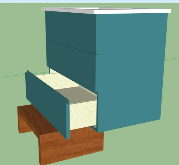 3D rendering of a teal bathroom vanity with an open drawer and wooden step stool underneath. Bathroom renovation in Austin, TX.