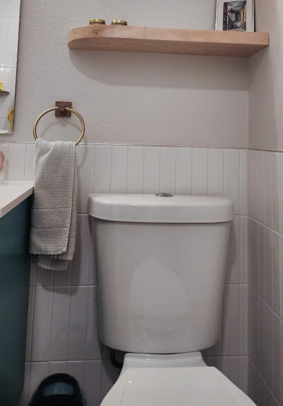 White toilet and hanging shelves. Bathroom renovation in Austin, TX.
